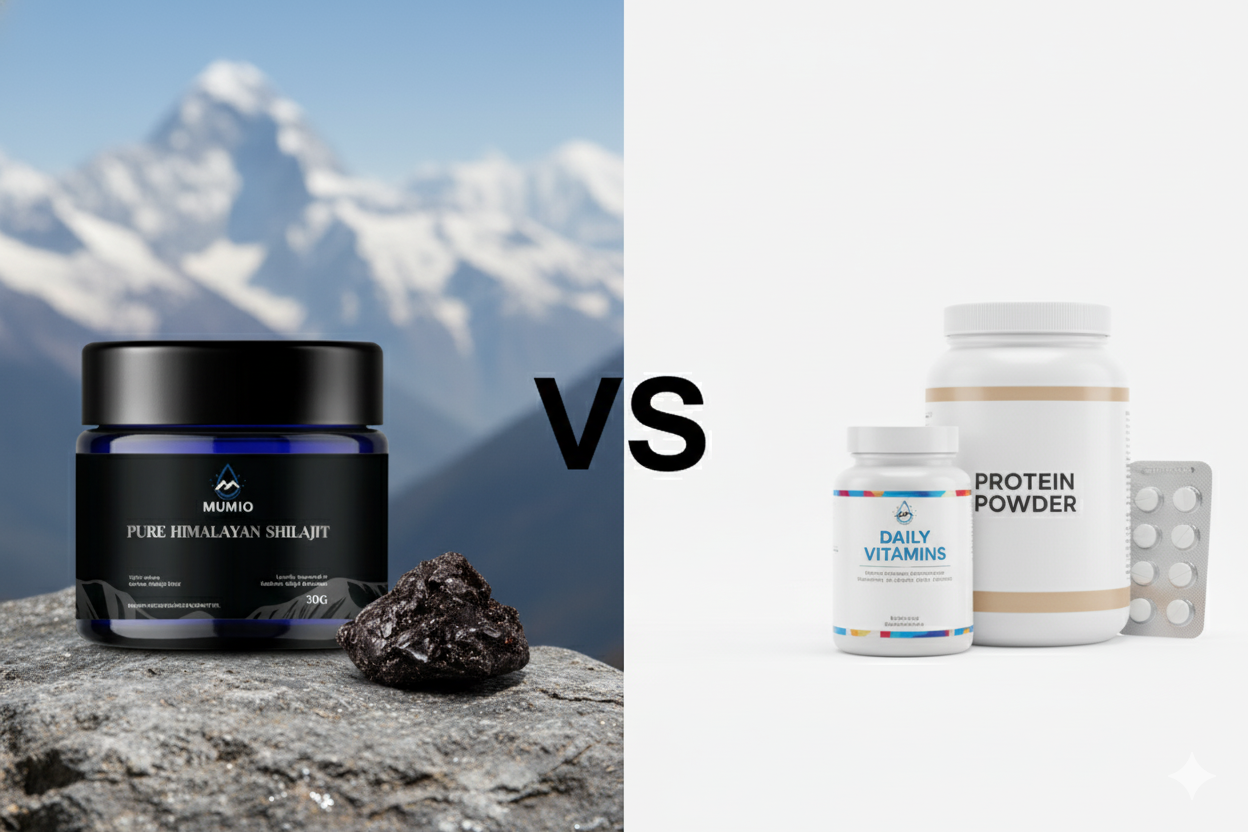 Shilajit Harz vs Kapseln Vergleich, naturbelassen Mumio versus Supplement